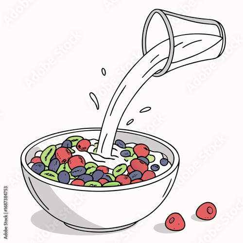 Pouring milk from a glass into a bowl of healthy breakfast cereal with fresh berries, a nutritious morning meal concept in a hand-drawn style