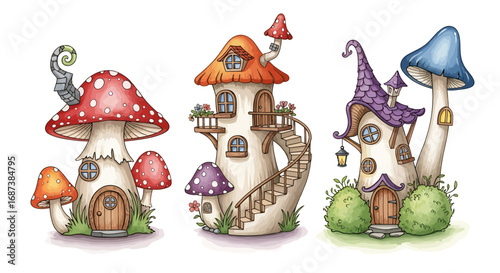 Whimsical mushroom houses creating a charming fairy tale scene.