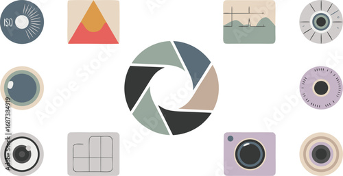 Minimalist Photography Elements Camera Iris, ISO, Lens, Memory Card, and Light Meter Graphics Design