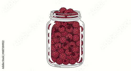 Abundant raspberries brimming inside a clear mason jar create a delicious and vibrant summer treat
