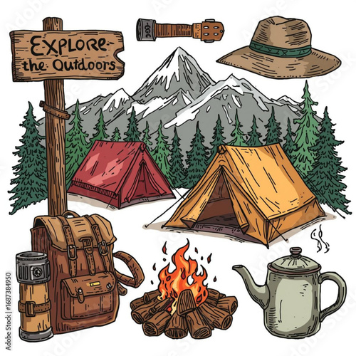 Explore the outdoors camping scene with mountains and gear