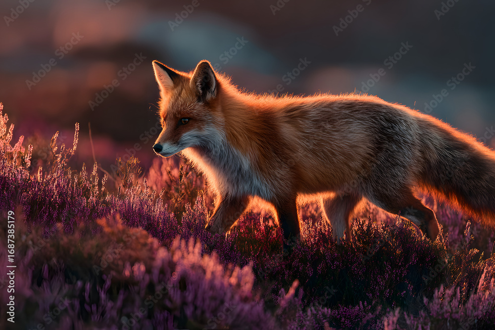 Naklejka premium Red fox tail sweeping through heather on moorland at golden hour with warm light