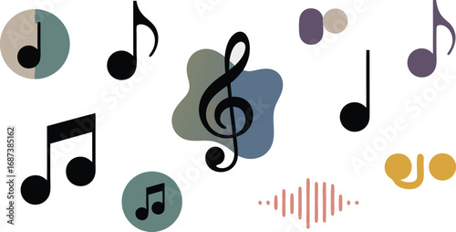 Music Notes and Symbols in Various Colors and Styles Isolated on White Background