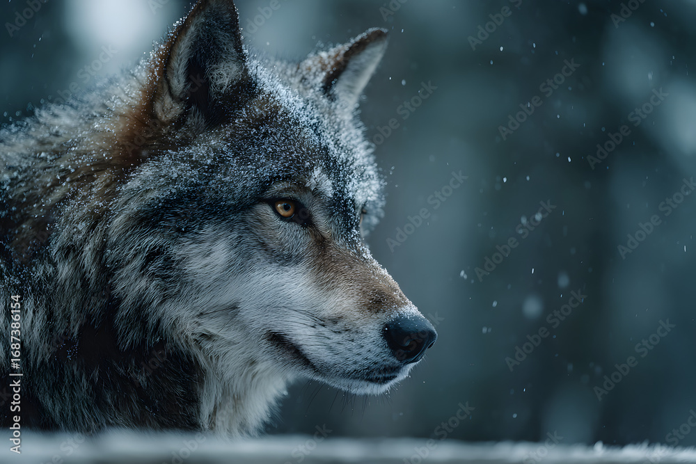 custom made wallpaper toronto digitalClose-up portrait of a wolf muzzle with snow crystals in cool twilight outdoors