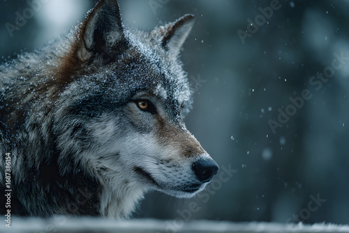 Wallpaper Mural Close-up portrait of a wolf muzzle with snow crystals in cool twilight outdoors Torontodigital.ca