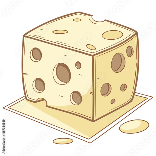 A delightful hand-drawn illustration of a porous cheese cube, representing a classic dairy snack