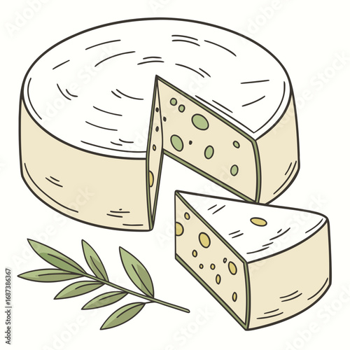 Hand-drawn gourmet food illustration of a creamy cheese wheel with a sliced wedge and an olive branch