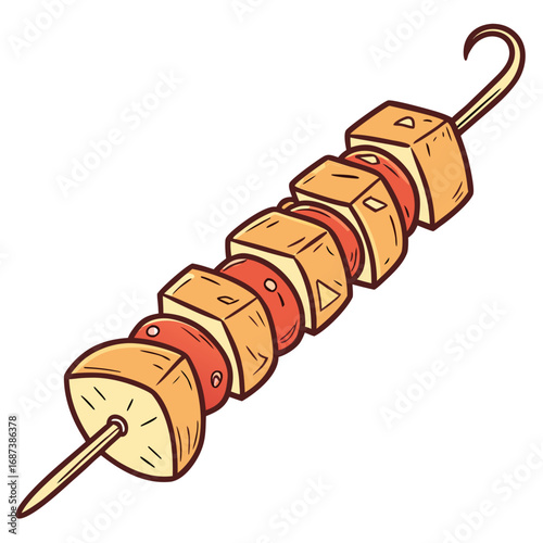 Hand-drawn cartoon illustration of a delicious grilled food kebab on a wooden skewer, isolated on a white background