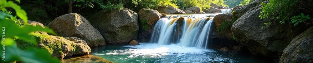 Obraz premium Refreshing summer waterfall cascading over mossy rocks, sunlight dappling the water Perfect for travel, nature, and serenity themes , stream, waterfall, cool