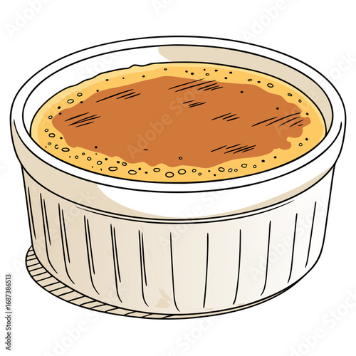 Hand-drawn vector illustration of a classic French crème brûlée dessert with a caramelized sugar top served in a traditional white ramekin