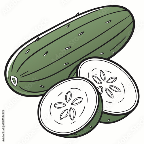 A detailed vector illustration of a whole cucumber and two cut slices, showcasing freshness and healthy organic food concepts on a white background