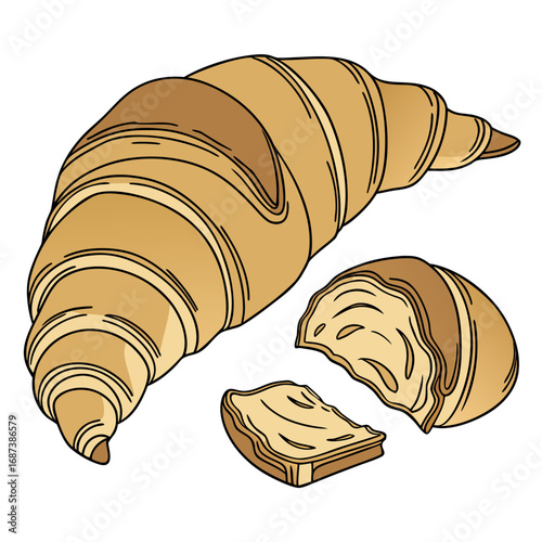 A detailed and colorful illustration of a freshly baked golden-brown croissant, with a piece broken to reveal the flaky, buttery layers inside