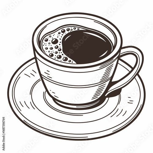 Hand-drawn sketch of a cup of coffee on a saucer. An isolated monochrome vector illustration in a vintage engraving style for a cafe menu or beverage icon