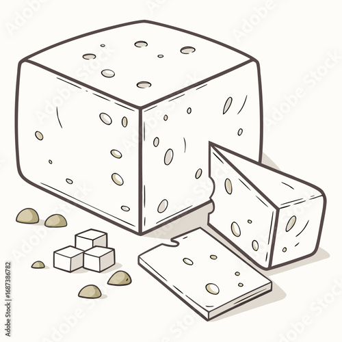Hand-drawn sketch illustration of a block of Swiss cheese with a cut wedge and slice, isolated food ingredient for culinary concepts