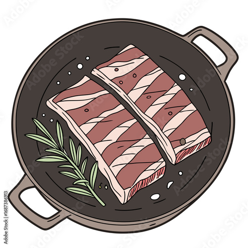 Hand-drawn vector illustration of two raw beef short ribs seasoned with rosemary in a cast iron skillet, ready for cooking