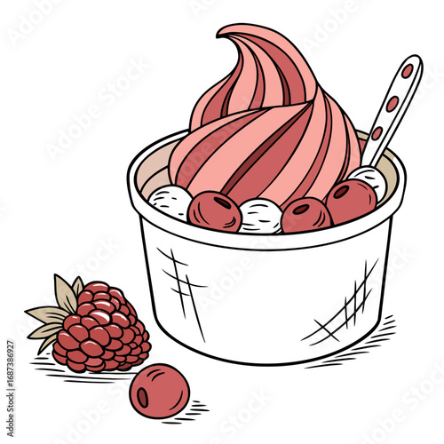 Hand-drawn sketch of a delicious raspberry frozen yogurt cup with fresh berries, a perfect refreshing and healthy summer dessert