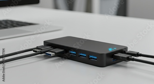 A black USB hub with several cables plugged into it sitting on a white surface near a laptop