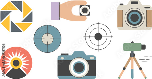 Photography Icons Camera, Hand Holding Camera, Aperture Symbol, Crosshair, and Tripod Illustration