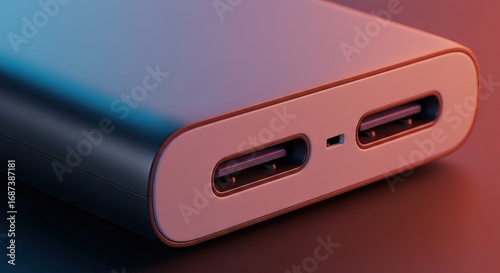 A closeup of a power bank featuring two USB ports and a USBC port on a neutral background with gradient lighting