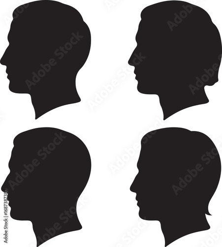Four black human head profile silhouettes male