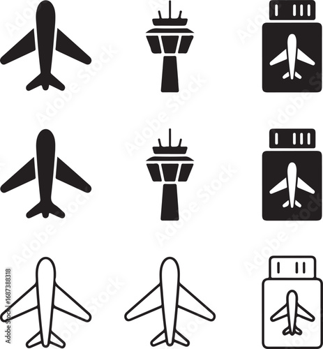 Aviation icons set with airplanes control tower and boarding pass on white background Keywords: aviation, airplane, aircraft, plane, travel, flight, airport, control tower, air traffic, boarding