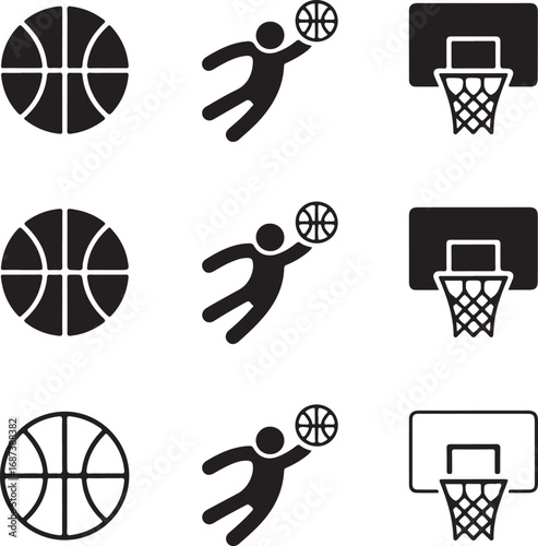 Basketball Sports Icons Ball Player Dunking Hoop Keywords: basketball, sports, game, ball, player, athlete, action, dunk, jump, hoop, net, basket, competition, recreation, activity, fitness, team