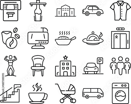 Variety of Black and White Pictograms Representing Different Aspects of Modern Life and Services