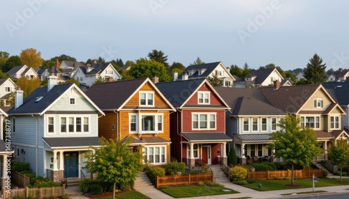 cluster of homes in close knit neighborhood featuring diverse exterior designs and colors, created with, subject on the left with copy space on right, optimized for photo use.