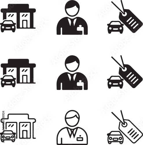 Car Dealership Icons Set Building Salesperson Car Tags Silhouette Collection automobile vehicle
