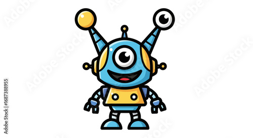 Cheerful One-Eyed Blue Robot Cartoon Character.