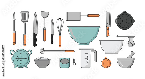 Collection of kitchen utensils and tools for cooking and baking preparation
