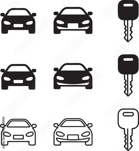 Collection of car and key icons in silhouette and outline styles automobile vehicle