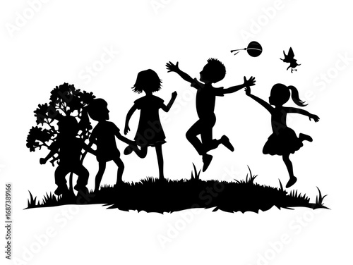Group of happy children playing outdoors. Vector illustration with black silhouettes .child, jumping, soccer, boy, people, art, fun, illustration, sport, design, girl, outdoors, vector, backgrounds, 
