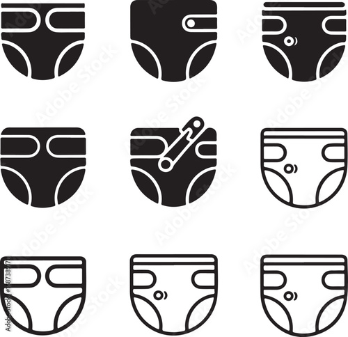 Collection of Diaper Icons in Various Styles and Fill Types Keywords: diaper, baby, infant, nappy, disposable diaper, cloth diaper, baby care, hygiene, protection, safety, comfort, absorbent