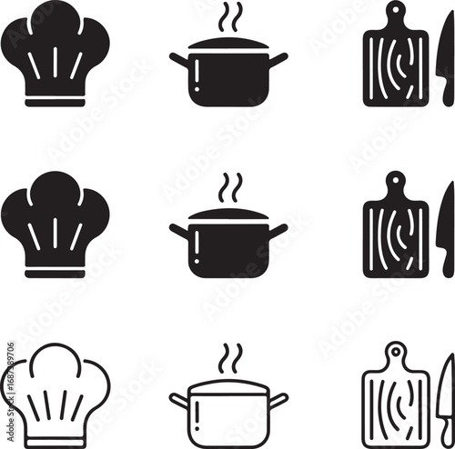 Cooking Icons Set Silhouette and Outline Variations of Chef Hat Pot and Cutting Board with Knife vector