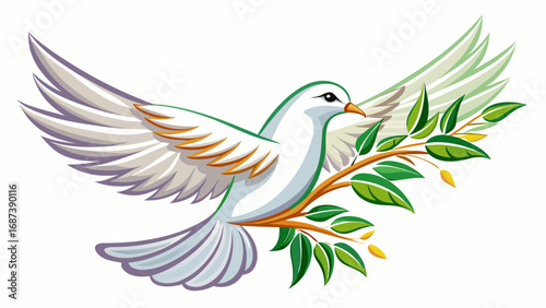 An isolated white dove of peace soars gracefully, carrying an olive branch. Its presence symbolizes hope, love, and prosperity, radiating harmony across the endless sky and tranquil world.