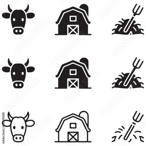 Farm Icons Set Showing Cow Barn and Pitchfork in Hay in Solid and Outline Styles agriculture