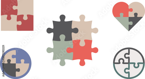 Puzzle Pieces Assembled in Various Shapes Square, Circle, and Heart Forms; Teamwork Concept
