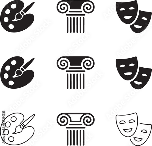 Icons representing art and theatre with paint palette Greek column and theatre masks Keywords: art, theatre, drama, performance, creativity, culture, history, ancient Greece, column, pillar