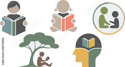 Reading Themed Icons Bookworms, Reading Under A Tree, Discussion, and Book in Brain Concept
