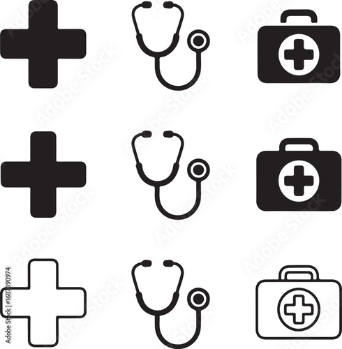 Medical Icons Including Cross, Stethoscope, and First Aid Kit in Solid and Outline Styles health healthcare