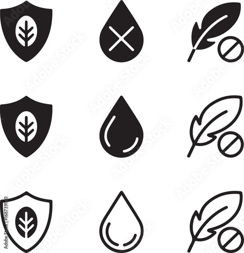 Natural and hypoallergenic icons set with shield leaf water drop and feather vector illustration
