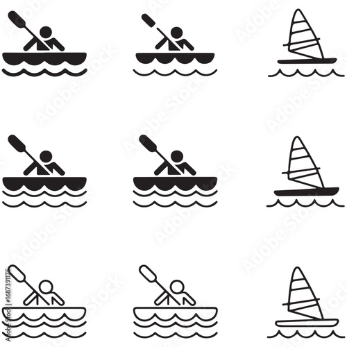 Nine Icons Depicting Water Sports Kayaking and Windsurfing Activities vector illustration