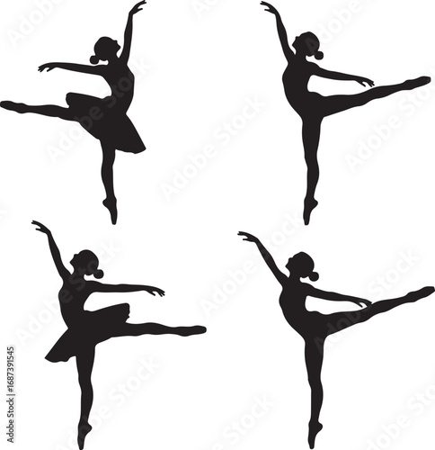 Four black silhouette ballet dancers in graceful poses