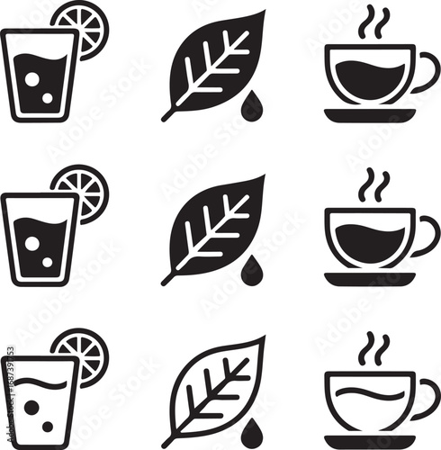 Set of Beverage and Nature Icons Including Drink Leaf and Hot Cup glass lemon slice