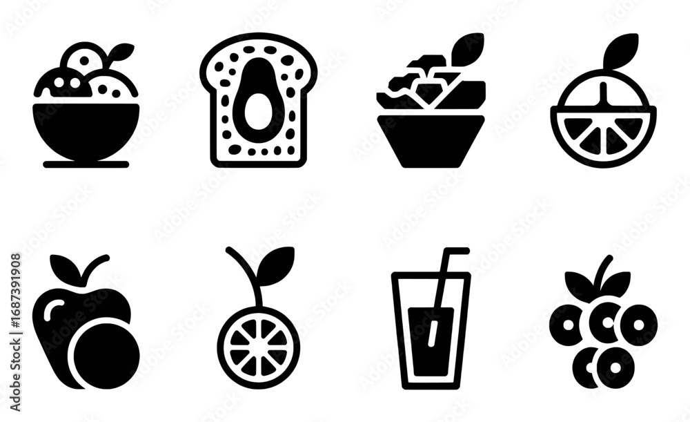 Fototapeta premium Collection of Healthy Food and Drink Icons: Fruits, Salad, Avocado Toast, and Juice