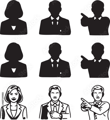 Set of nine silhouette icons of people in business attire, including women and men, with one man pointing, in solid and outline styles