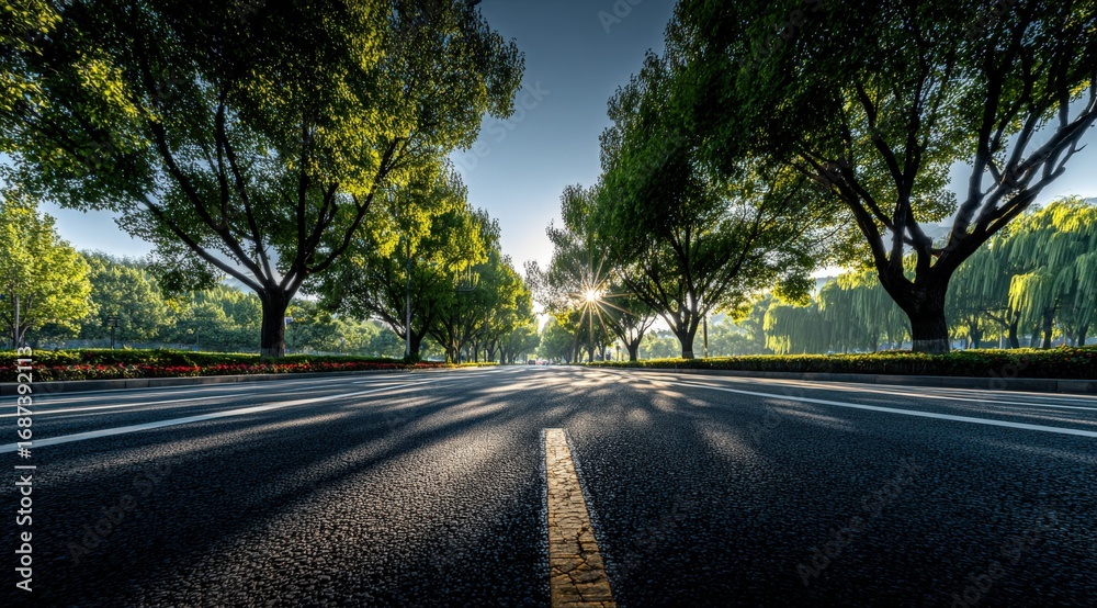 Fototapeta premium Scenic Road Perspective with Trees and Sunlight, Creating a Sense of Journey and Exploration