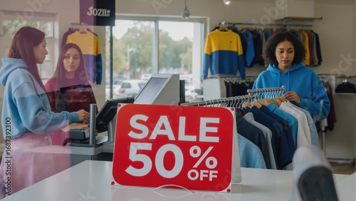 Shoppers browse clothing on sale at a retail store with a prominent 'Sale 50% Off' sign.