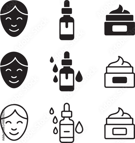 Skincare icons set with face serum and cream containers on white background Keywords: skincare, beauty, face, serum, cream, cosmetic, treatment, health, hygiene, care, dermatology, facial